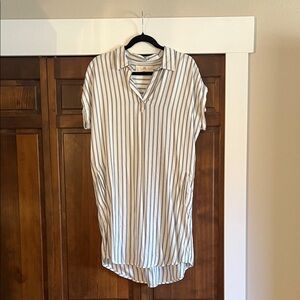 Thread & Supply Cream and Blue Striped Midi Shirt Dress